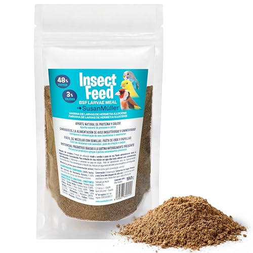 Susan Müller Harina de Larvas de Mosca Soldado Negra para Pájaros (Harina de Insecto) – Snack Natural Rico en Proteína y Calcio – para Canarios, Jilgueros y Periquitos - Bolsa Zip 190 g