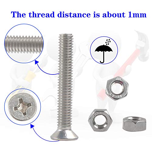 Rshuhx 80PCS M6 Cross Countersunk 304 Stainless Steel Machine Screws Bolts and Nuts Flat Head Phillips Screw Fastener Repair Tools Assortment Kit for Baby Crib Headboards Chairs Furniture - Image 3