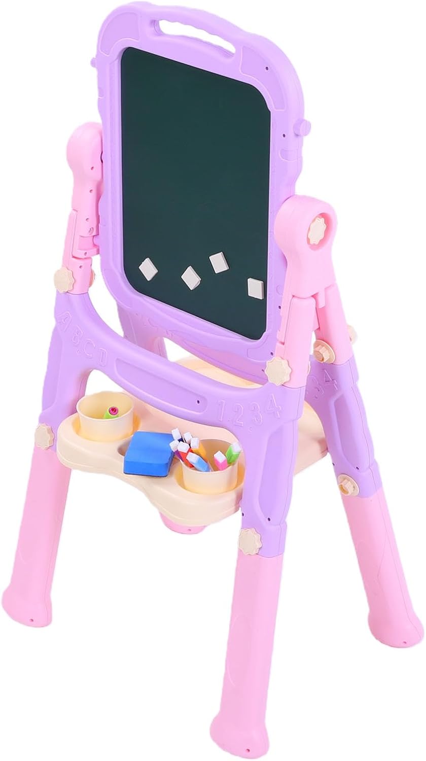 Fdit Kids Art Easel, 2 in 1 Magnetic Blackboard and Dry Erase Whiteboard with 360 Degree Rotation, Adjustable Height Drawing Board for Toddlers Ages 2 to 8