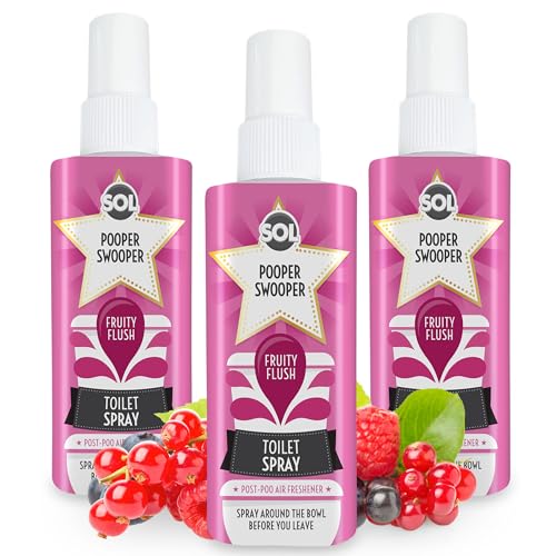 SOL 3pk x 60ml Pooper Swooper Toilet Spray Fruity Flush Fragrance, Odour Masking Air Freshener Refresher for Public Bathrooms, Offices and Home, Travel-Friendly Cleaning Solution for Poo Odours
