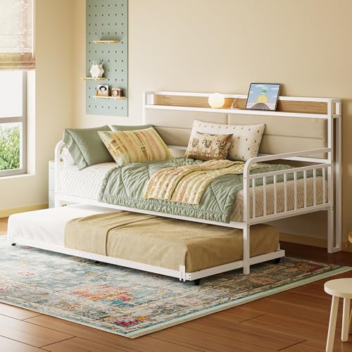 image for LIKIMIO Daybed with Trundle, Sturdy Metal Twin Bed Frame with Upholste