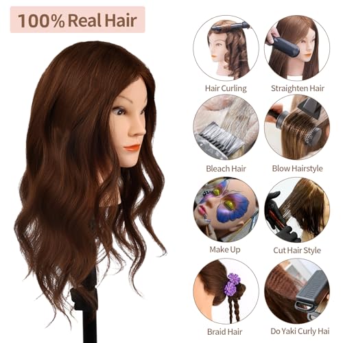 Frisierkopf 100% Echthaar, MYSWEETY Trainingskopf Echthaar Braun für Friseure und Kinder,45.7cm Lang Puppenkopf zum frisieren mit Haare Zubehör und Klein Tisch Halter