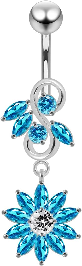 Fancy Dual Flowers Dangling Design 925 Sterling Silver with Stainless Steel Belly Ring - Belly Button jewelry - Navel jewelry