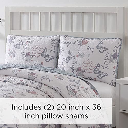 Quaint Home Live Laugh Love 3-Piece Queen Quilt Set, Purple/Blue/Pink/White #TOP1