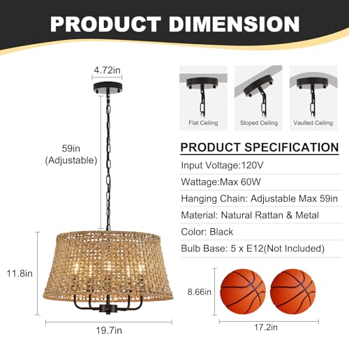 Image of 19.7 inch Boho Rattan Chandelier, 5-Light Black Wicker Light Fixture