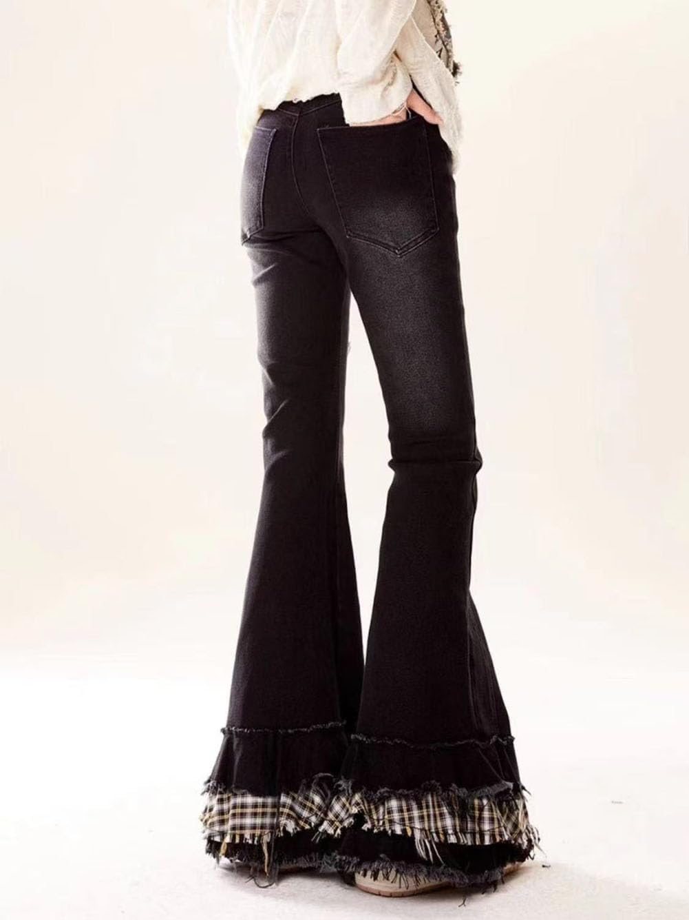 LAFOURAM Petite Jeans for Women 5 FT Short Y2K Plaid Patchwork Skinny Flare Denim Pants