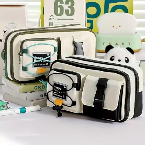Image of Multi-Compartment Pencil Pouch Large Capacity Pen Case with Zipper & Buckle Pocket, Durable Canvas Stationery Organizer for School Office Travel, Stylish Storage Case (Green Happy Every Day)