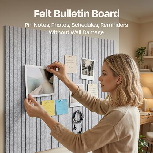 Image of X-Large Cork Board Alternative 12-Pack Felt Bulletin Board Thick and Decorative Pin Board for Home Office Walls 47.24 x 35.43 Inches with 72 Adhesive Tabs - [Light Gray]