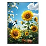 Girasoles Jardín Pájaros Cielo Naturaleza Diamond Art Kits para adultos, pintura de diamante 5D redonda para principiantes, pintura de diamantes, manualidades, decoración de pared del hogar, 30.5 x