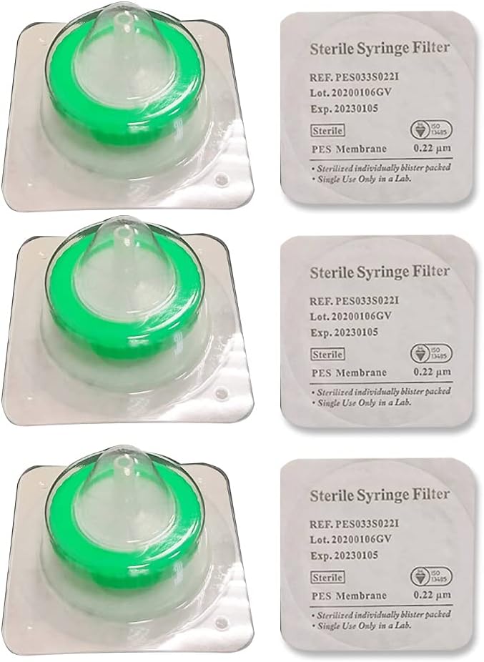 10 Pack Sterile Syringe Filter PES Hydrophilic Filtration 0.22um Pore Size, 33mm Diameter Membrane Sterile PES Membrane Individually Packed by Finetech Made in Taiwan