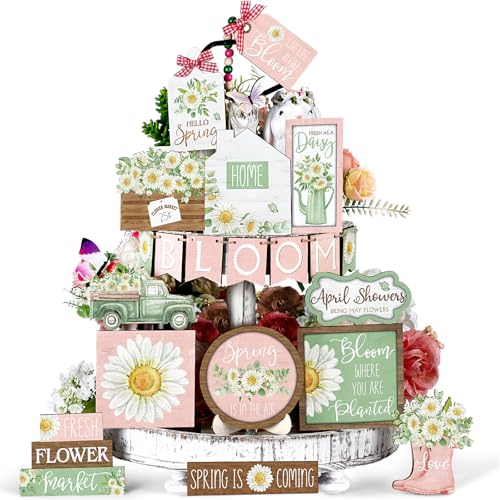 Hushee 20 Pcs Spring Flower Tiered Tray Decor Set Rustic Farmhouse Daisy Floral Wooden Sign Table Decorations for Spring Home Kitchen Shelf Tabletop Centerpiece