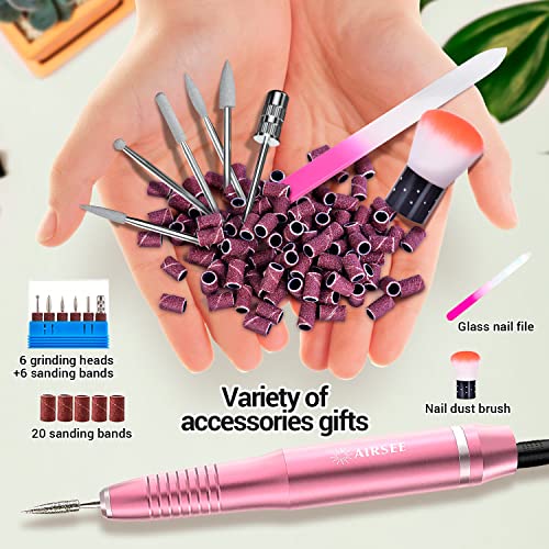 AIRSEE USB Portable Electric Nail Drill 20000 RPM Professional Efile Kit Cordless E Filer for Manicure Pedicure Acrylic Gel Polish Shape Tool with 6 Bits 26 Sanding Bands Glass File Dust Brush Pink - Thumbnail 7