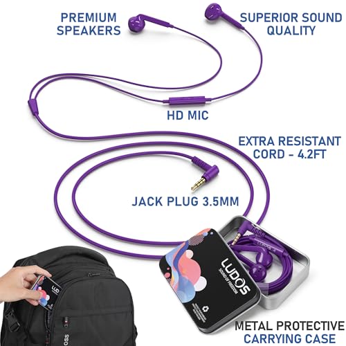 Image of LUDOS FEROX Wired Earbuds in-Ear Headphones, 5 Year Warranty, Earphones with Microphone, Noise Isolation Corded for 3.5mm Jack Ear Buds for iPhone, Samsung, Laptop, Kids, School Students - Purple