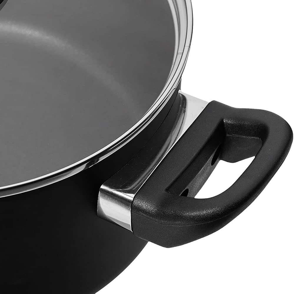 Bateria de Cocina de 8 Piezas. Juego de Ollas y Sartenes Completo: 2 Sartén 2 Cazo 1 Cacerola 3 Tapas de Cristal. Aluminio con Mangos de Baquelita, Incluye Set de 5 Cuchillos