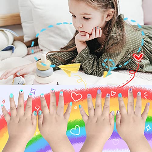 Laza 72pcs Children Nails Press On Pre-glue Full Cover Glitter Gradient Color Rainbow Sparkling Star Unicorn Shell Short False Nail Kits for Kids Teenager Girls - Flower on Ridge - Thumbnail 3