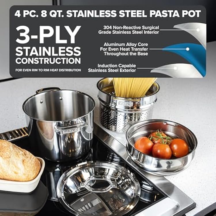Viking 3-Ply Stainless Steel Pasta Pot with Lid, 8 Quart, 4 Piece Multipot Kitchen Cookware, Includes Pasta Insert and Steamer Basket, Dishwasher and Oven Safe, Induction Ready, Silver