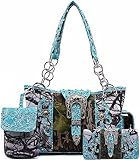 Western Style Camouflage Concealed Carry Purse Buckle Country Studs Women Handbag Shoulder Bag Wallet Set (Turquoise Set)