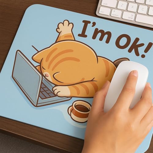Image of Funny Cat Mouse Pad, 'I'm Ok' Cute Cartoon Design, Blue, Non-Slip Office Desk Accessory