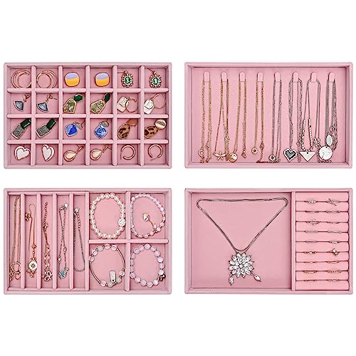 necklace display pink - ProCase Set of 4 Stackable Jewelry Organizer Trays for Drawers, Jewelry Drawer Inserts Container Display Case Storage for Earring Necklace Rings Bracelet with Removable Dividers -Pink