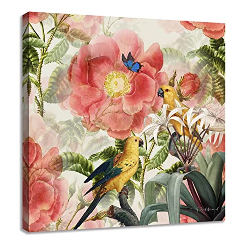 Woxfcart Bedroom Decor Wall Art Flower Parrot Bird Pictures With Butterfly For Girls Room Bathroom Decoration, Canvas Size 13.5X13.5 #TOP15