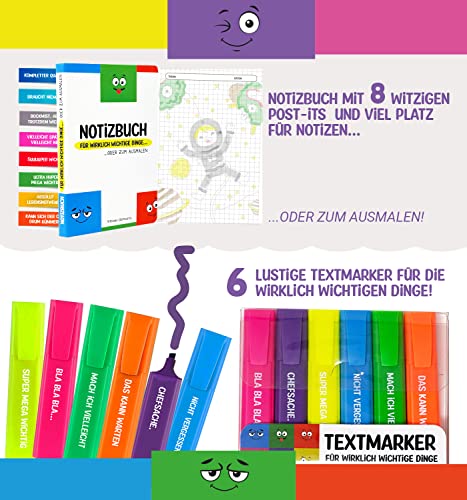 Lustige Büro Geschenk Box | Witzige Geschenkidee für Arbeitskollegen | 24-teilig | Textmarker, Anti-Stress Würfel, Notizblock, Stempel uvm.
