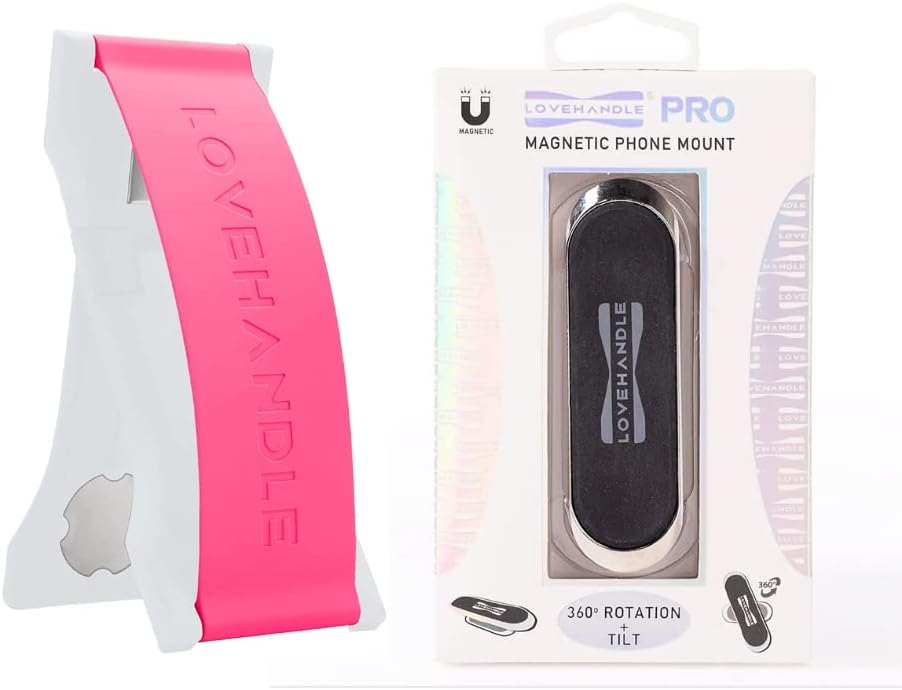 LOVEHANDLE PRO Premium Phone Grip - Silicone Phone Strap - Magnetic Phone Mount and Kickstand for Smartphone and Tablet - Hot Pink Silicone on White Base - PRO Mount