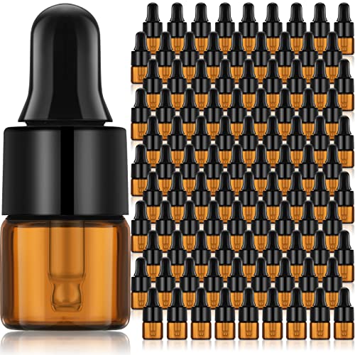 Nuogo 100 Pcs Mini Amber Glass Oil Dropper Bottle Bulk, Clear Essential Small Empty Sample Vial with Dropper and Black Caps Tiny Amber Glass Bottles Perfume Jars for Travel(1 ml)