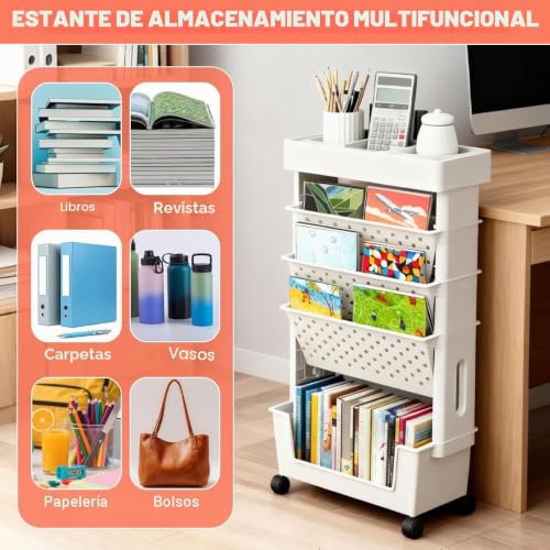 Miniatura 5 de Huucozn Carro De Almacenamiento Con Ruedas De 5 Niveles, Carrito Organizador Libros Y Libretas, Estanteria Movil Con Ruedas, Estanteria Movible Para Libros Para Salón, Dormitorio Y Espacios De Trabajo