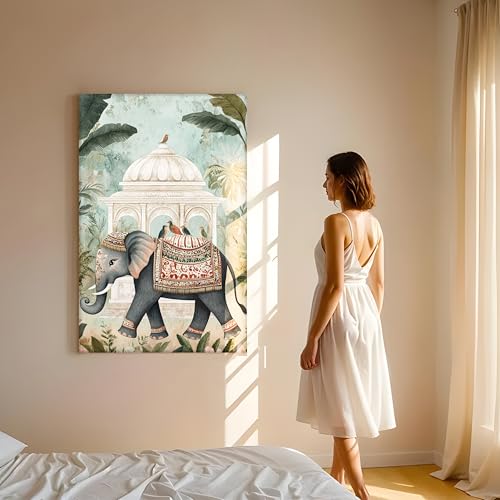 Image of PAINTINGMANTRA Abstract Stretched Canvas Multicolor Wall Art Painting Elephant and Mughal Garden Classic Indian Beautiful Wall Decor in Green, Blue and White for Living Room, Bedroom - 22x34 Inch