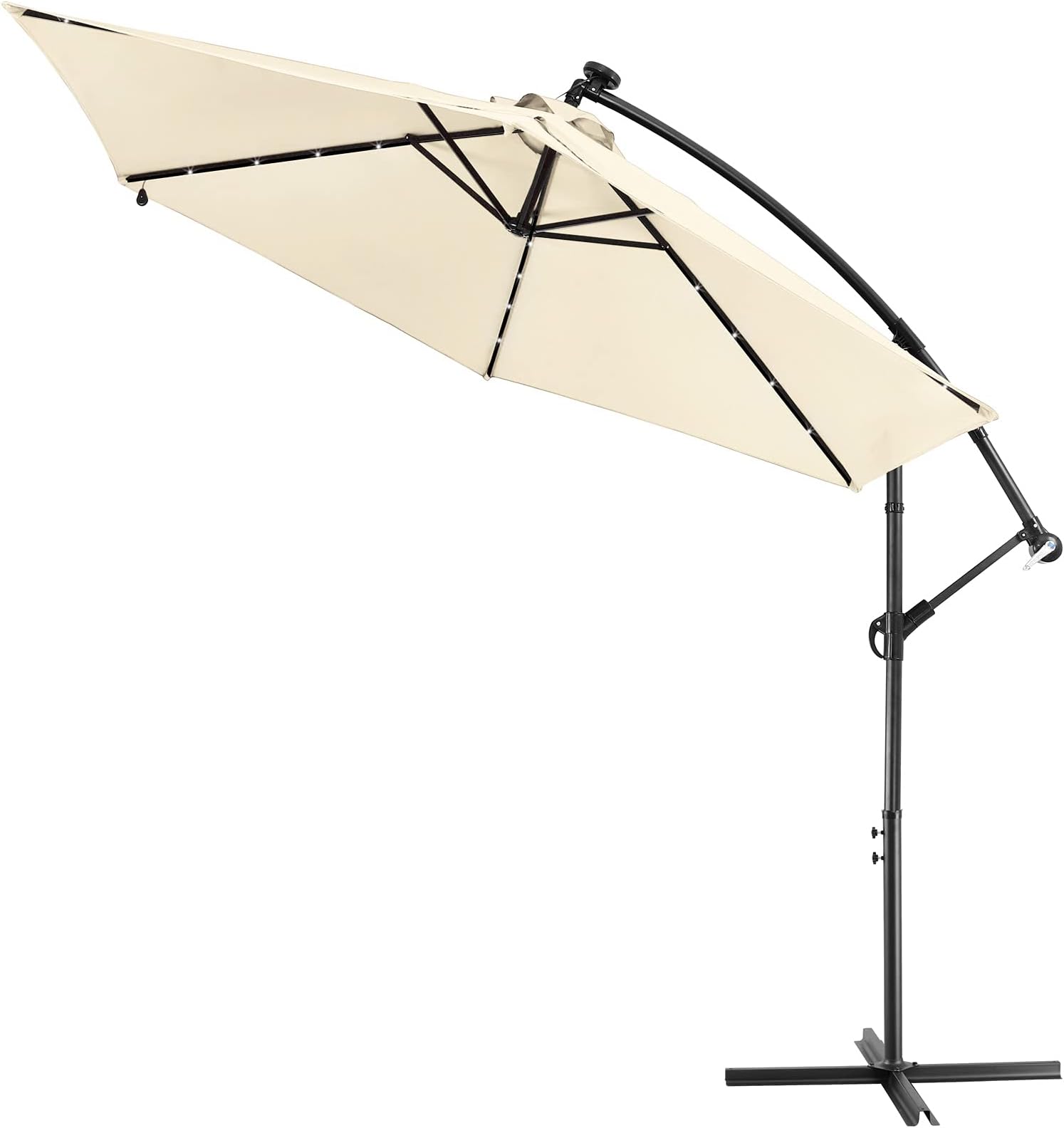 KingsleeveHaiti 3m Aluminium Cantilever Garden Parasol with LED Solar Lights and Protective Cover | 300cm UV Protection 80+ | Tiltable with Crank Handle Patio Umbrella