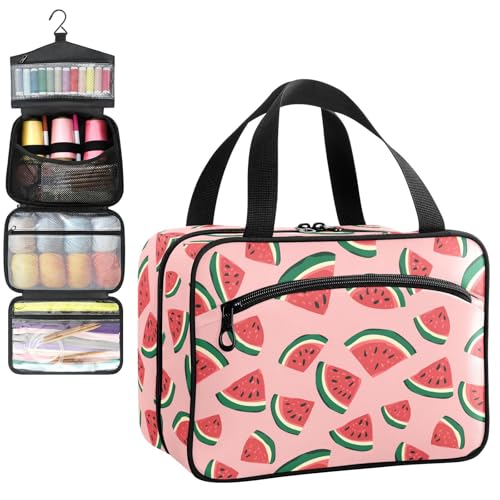 YNNALE Sewing Supply Organizer Bag, Watermelon Patterned Summer Fruit Portable Sewing Bags with Pockets&Hanger, Sewing Storage Box Case for Sew Supplies/Kit/Tools/Accessories (BAG ONLY)