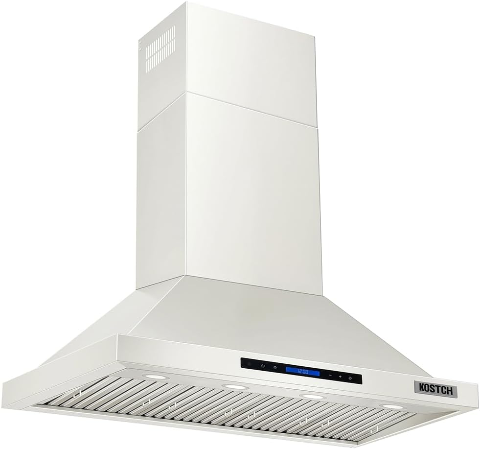 KOSTCH 48 inch Convertible Ducted Wall-Mounted Range Hood, 1200 CFM Kitchen Vent Hood with Touchscreen Control Panel, 3 Speed Exhaust Fan & LED Light, in Stainless Steel (White)