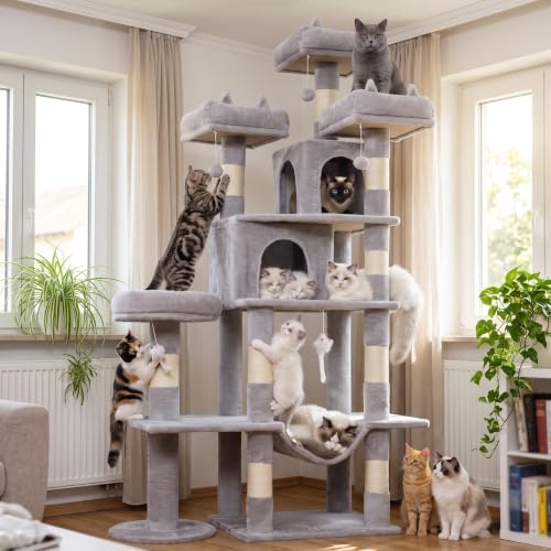 LIKISAK Kratzbaum, 181 cm hoch, Katzenbaum für Wohnungskatzen | Kratzbaum Groß, XL Mehrstöckiger Katzenkratzbaum mit 2 Gemütliche Höhlen, 3 Plattformen, Hängematte, Sisal Kratzbaum