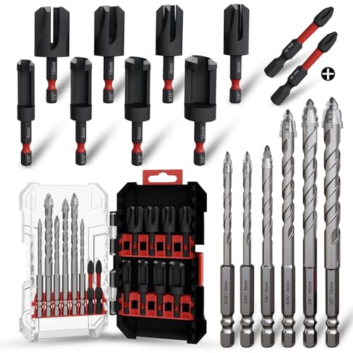 FROOOK Wood Plug Cutter Drill Bit Set 16-Piece, Straight and Tapered Cutting Tools，Includes Screwdriver Bits and Masonry Drill Bit Set, 1/4" Hex Shank for Woodworking with Storage Box
