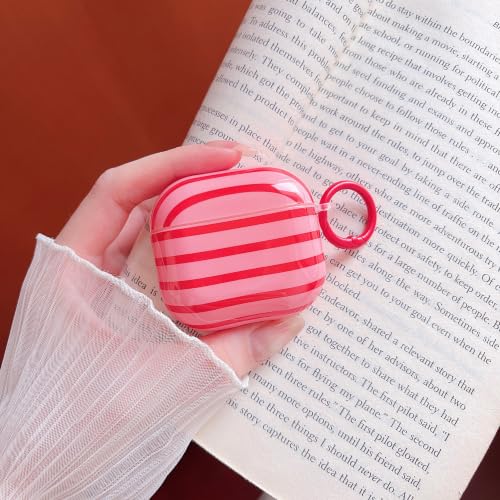 Image of MINSCOSE for AirPods 4 Clear Case,Cute Stripes Aesthetic Pattern Design with Trendy Keychain Ring,Soft TPU Anti-Drop Shockproof Protective Cover with Cleaner Kit for Girls Women-Red
