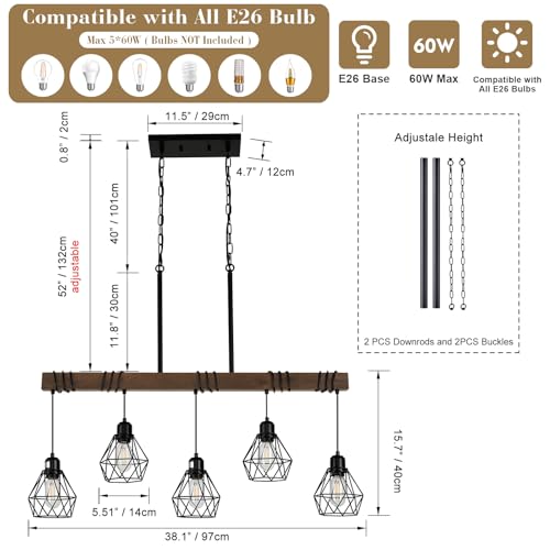 5-Light Kitchen Island Lighting Hanging for Farmhouse Linear Chandeliers,Dining Room Light Fixture/Chandelier Over Table,Matte Black Rustic Wood Ceiling Pendant Light Fixtures with Metal lampshade