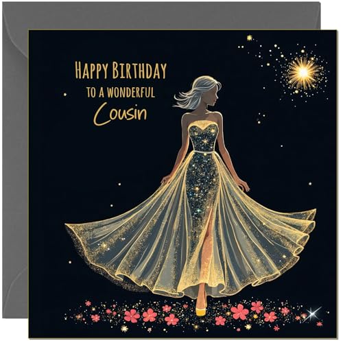 Beautiful Cousin Birthday Card Black & Gold Silhouette Dress Design - Female Elegant Birthday Cards for Cousin