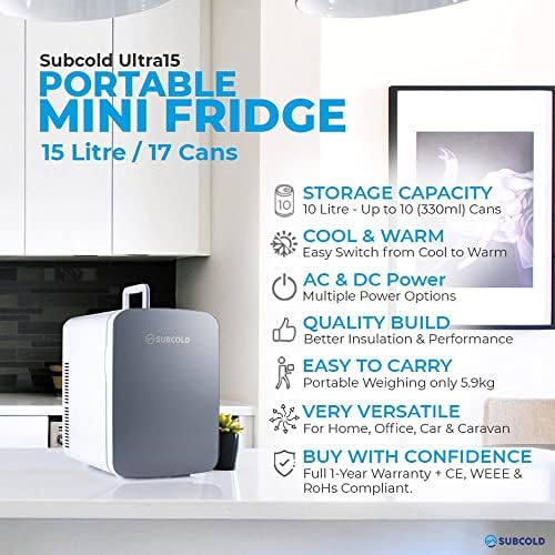 Subcold Ultra 15 Mini Fridge Cooler & Warmer | 3rd Gen | 15L capacity | Compact, Portable and Quiet | AC+DC Power Compatibility (Grey)