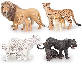 TOYMANY 8PCS 2-5" Plastic Safari Animals Figure Playset Includes Baby Animals, Realistic Lion,Tiger,Cheetah,Black