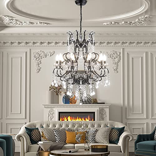 Maxax 10 Lights Crystal Chandelier, Modern Candle Pendant Light, K9 Raindrop Hanging Lighting Fixture, Adjustable Chain For Living Room, Bedroom, Dining Room, Kitchen Island, Black #TOP1