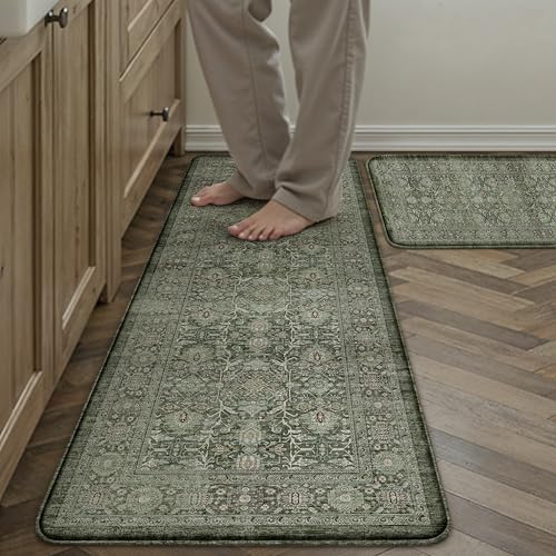 Kitchen Mats 2PCS Anti Fatigue Cushioned Mat Green Vintage Kitchen Mats for Floor Waterproof Non Slip Comfort Standing Distressed Rug for Sink Laundry