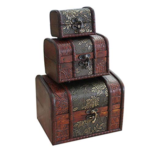 Hofumix Jewelry Boxes Wooden Treasure Box Vintage Treasure Chest Handmade Box Rings Case with Metal Lock for Storing Jewelry Treasure Pearl Cosmetics 3PCS(S,M,L)