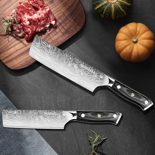 MOSFiATA Nakiri Kitchen Knife, 7”&5.5" Chef Knife Set, Ultra Sharp German Stainless Steel Cleaver Cooking Knife with Ergonomic Handle Gift Box by MOSFiATA - Used condition - Image 7