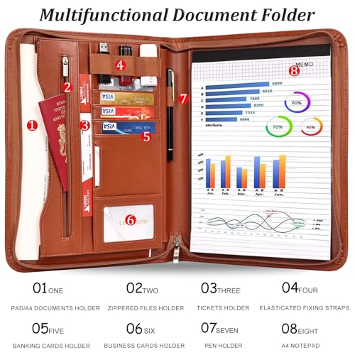 Leathario Fichário de portfólio, organizador de escritório A4, acessórios de pasta de negócios com z