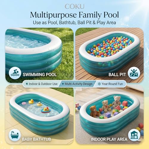 Image of Coku 5.5 Feet Oval Inflatable Swimming Pool for Kids & Adults | 3-Ring Family Pool, Thick PVC Foldable Bathtub, 64 x 42 x 18 Inch for Backyard, Garden, Indoor Outdoor Use