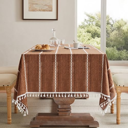 ZeeMart Hemstitched Striped Boho Table Cloth, 54x54 Inch Caramel