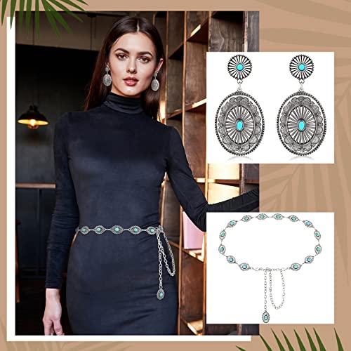 Newtay 3 Pcs Western Turquoise Belt and Earrings Set for Women Cowgirl Bohemian Turquoise Jewelry Set Concho Belt Boho Earrings for Dresses Jeans Country Concert Outfit4