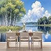 Custom Size Wall Murals Tranquil Lake Landscape Oil Painting Birch Trees White Cranes Reflection Sky Clouds SelfAdhesive Wall Fabric Removable Large Wallpaper for Living Room #2