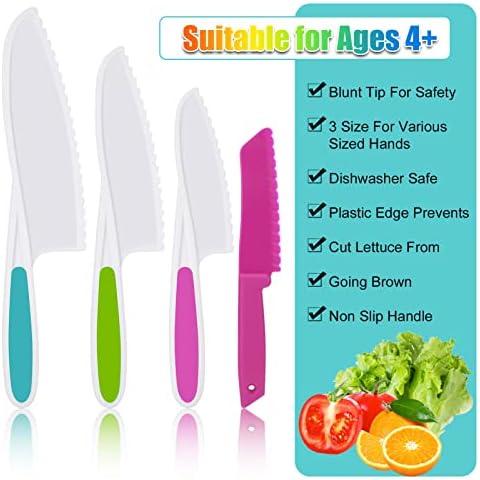AKlamater 5PCS Kitchen Safety Knives for Kids, Children's Cooking Knives in 4 Sizes, Plastic Cutting Board Grip Serrated Edges for Vegetables Fruits Salad Cake( Pink)
