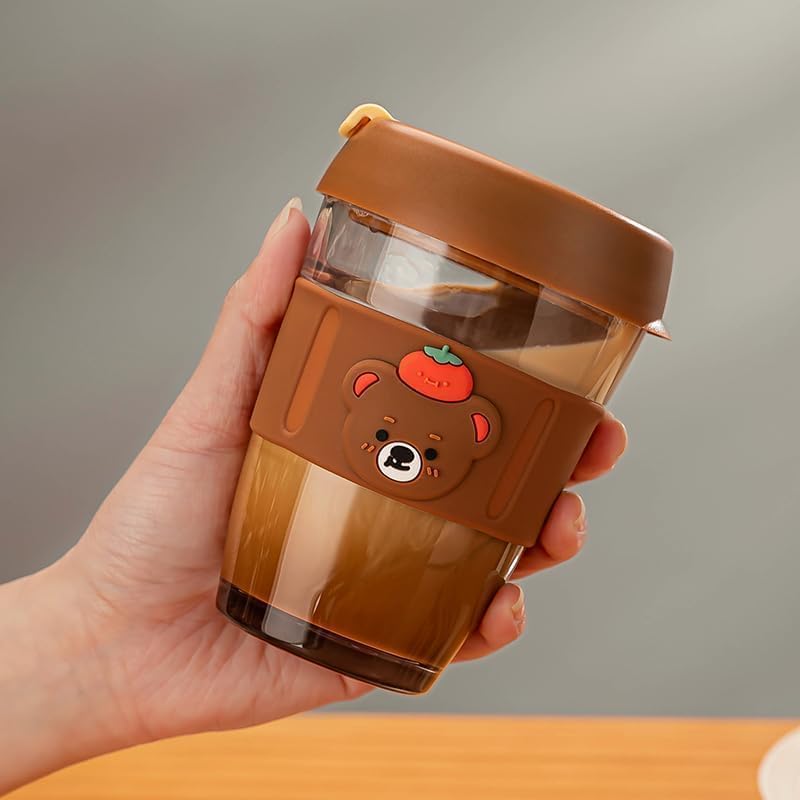 Image of Kamvy Cute Glass Mug with Lid & Silicone Cartoon Sleeve | Pack of 1, 350ml Leakproof Sipper Cup | Heat Resistant Glass Cup for Coffee | Reusable Travel Mug for Kids & Adults (BROWEN)